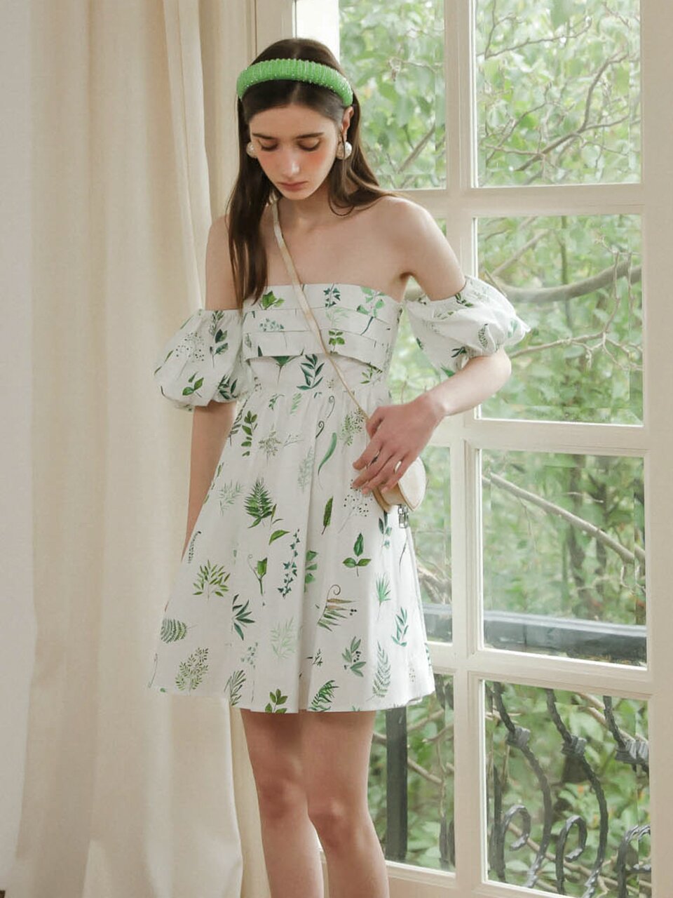 DD_Puff sleeve tube top leaf dress