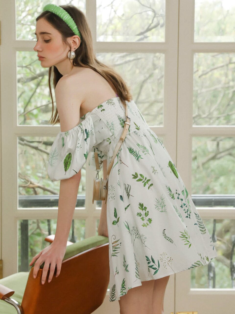 DD_Puff sleeve tube top leaf dress