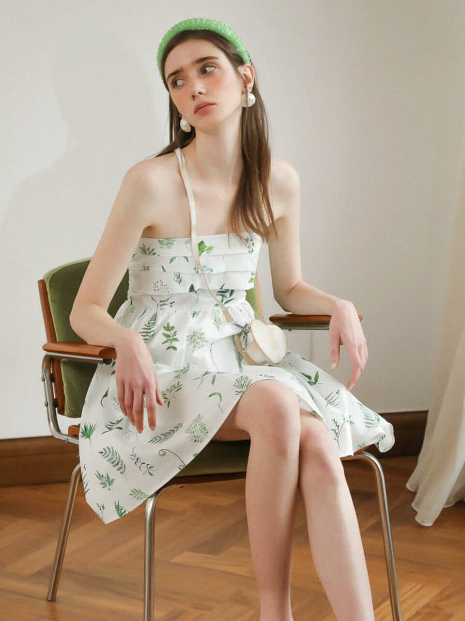 DD_Puff sleeve tube top leaf dress