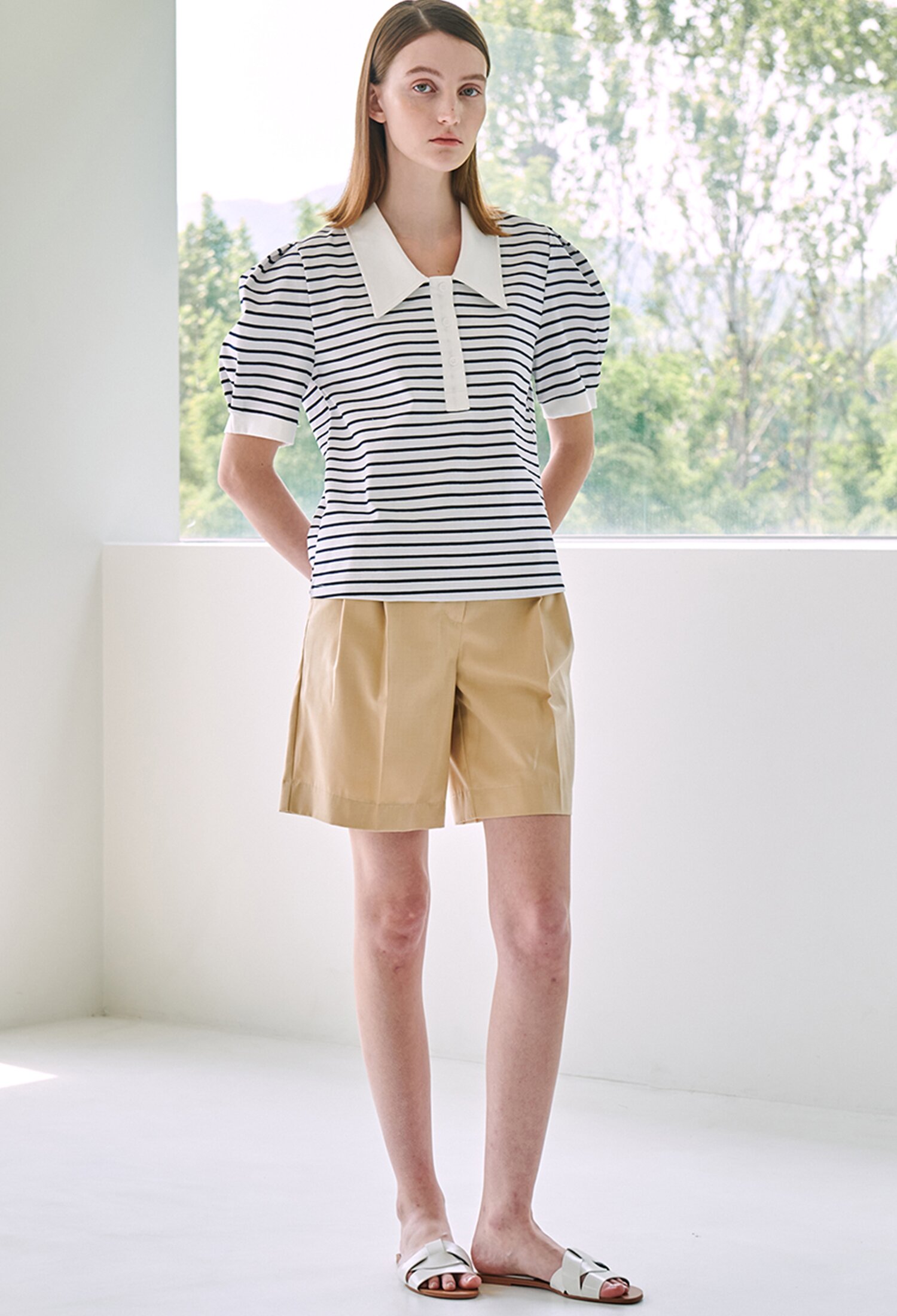 Stripe Puff Collar T-Shirt - Navy
