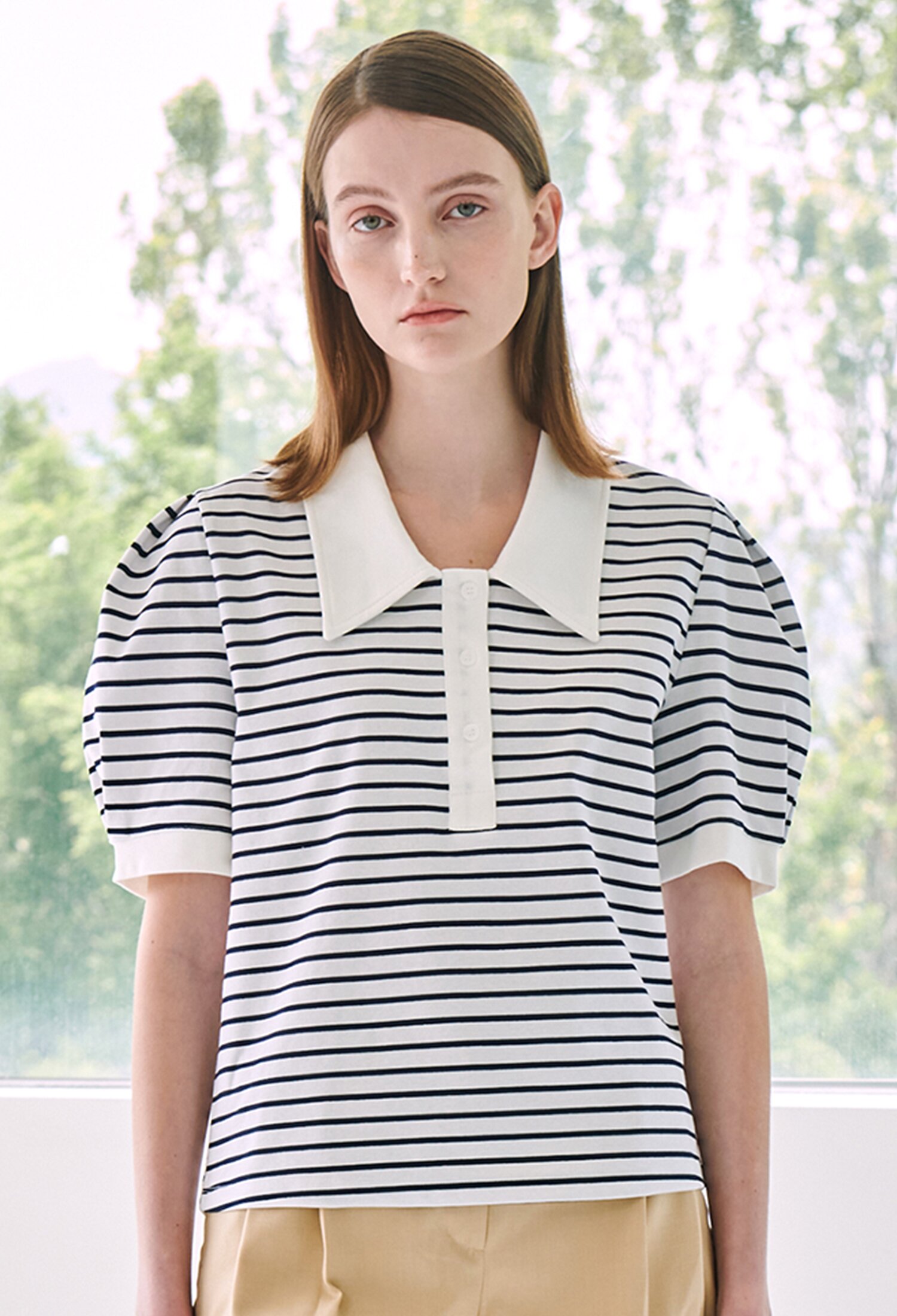 Stripe Puff Collar T-Shirt - Navy