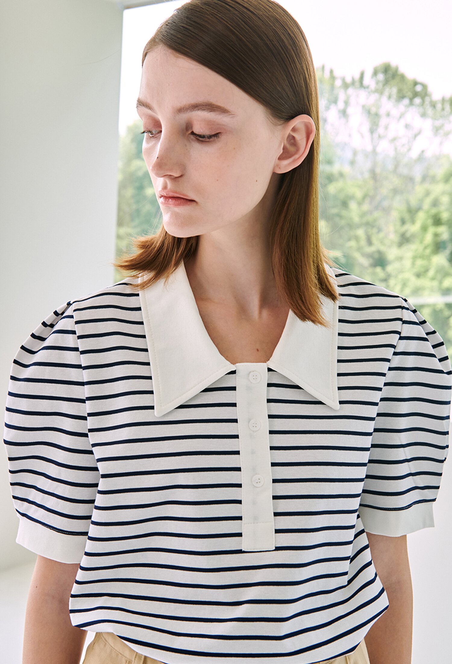 Stripe Puff Collar T-Shirt - Navy