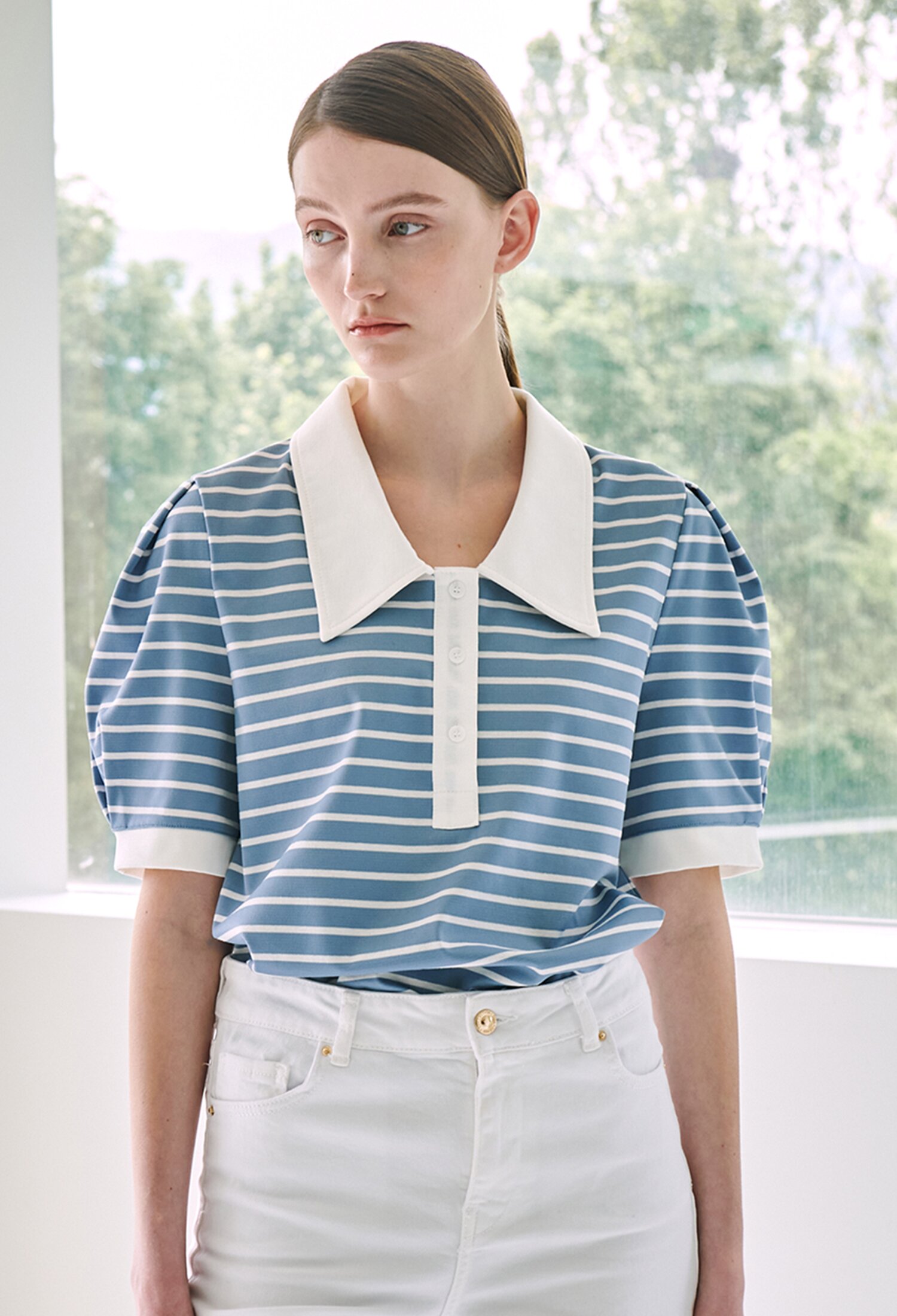 Stripe Puff Collar T-Shirt - Sky Blue