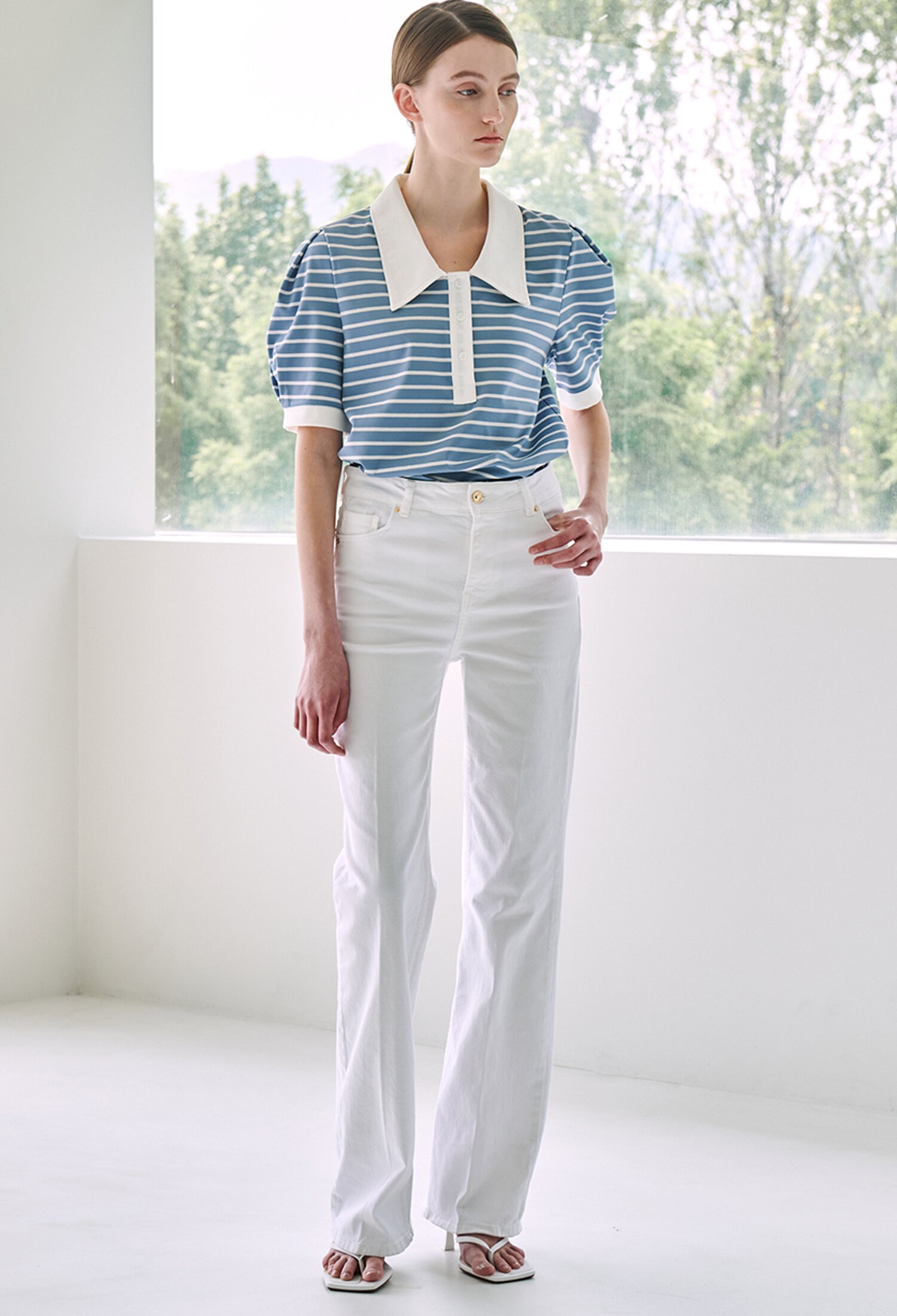 Stripe Puff Collar T-Shirt - Sky Blue