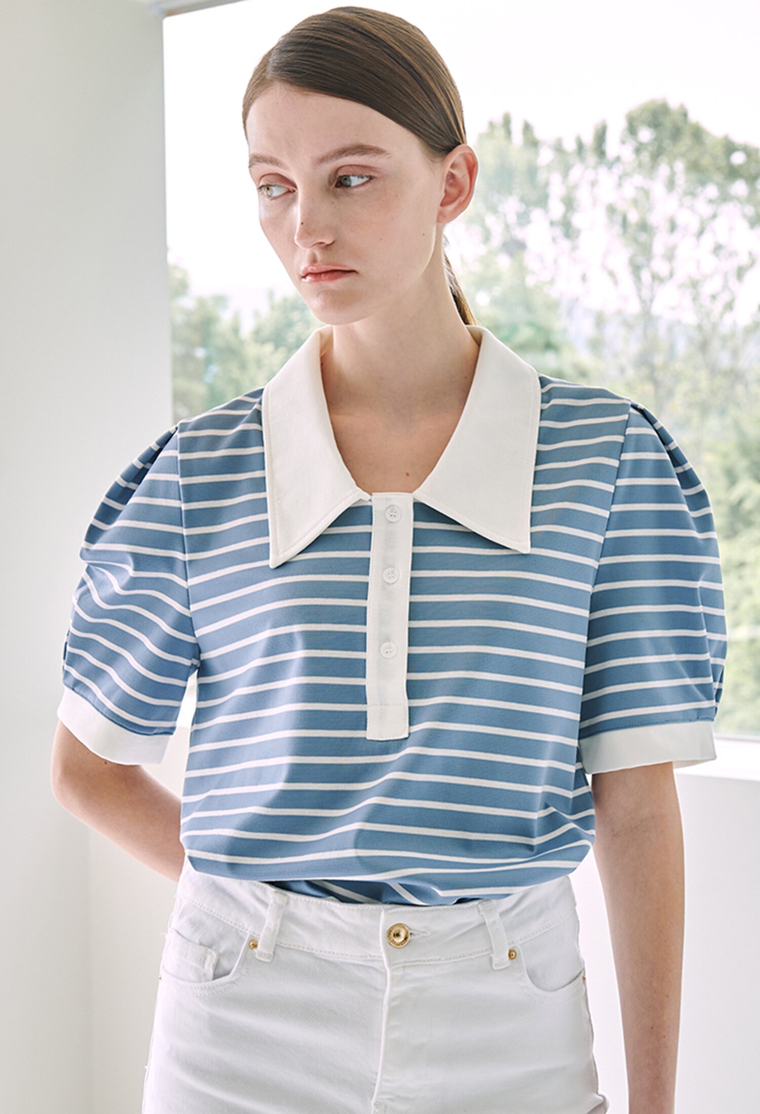 Stripe Puff Collar T-Shirt - Sky Blue