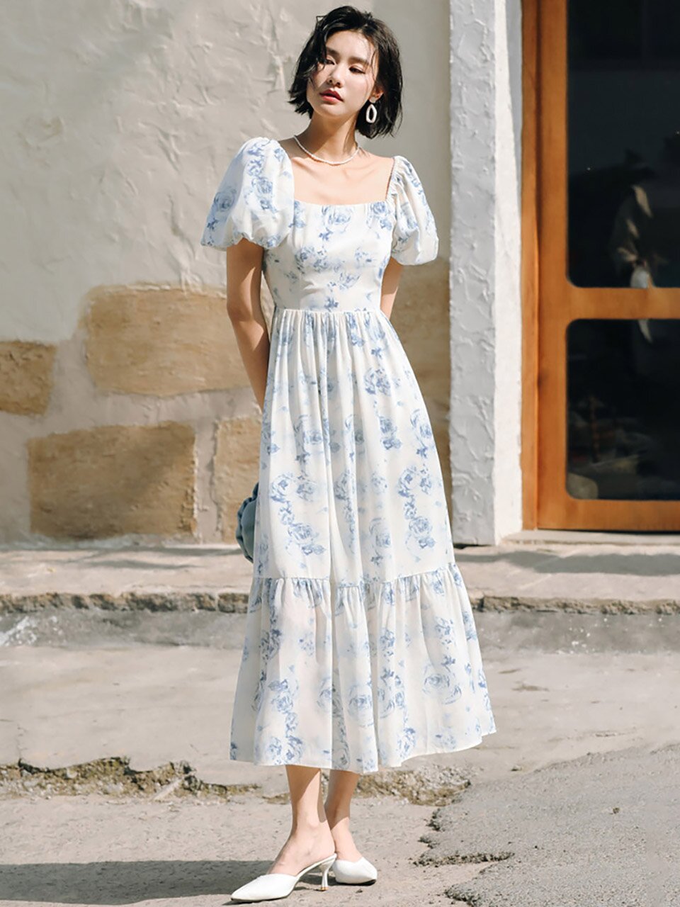 LS_French square neck puff long dress