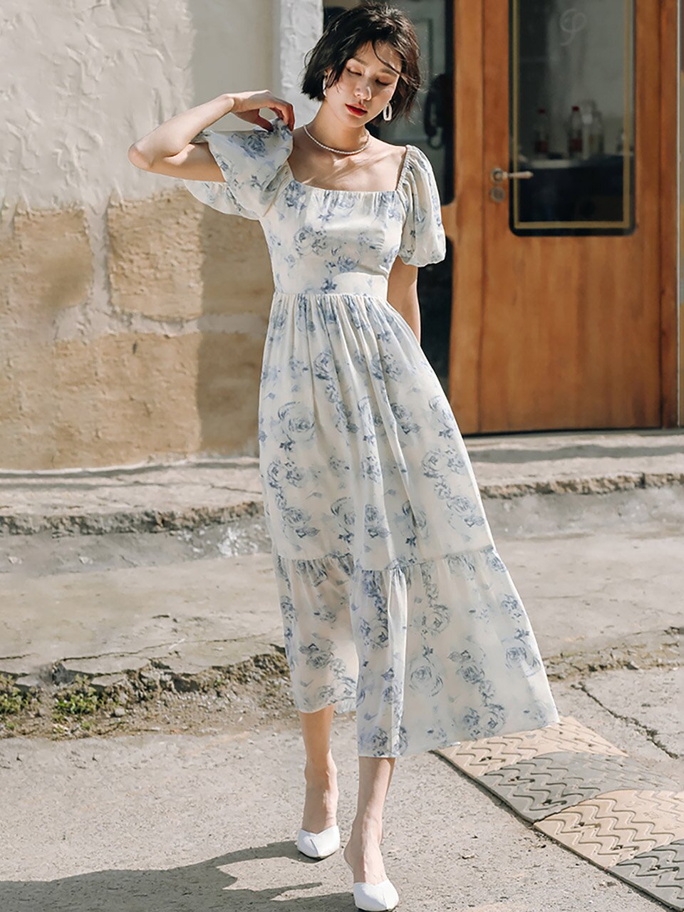 LS_French square neck puff long dress