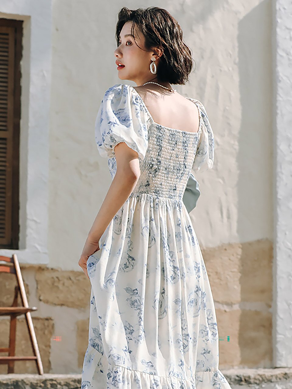 LS_French square neck puff long dress