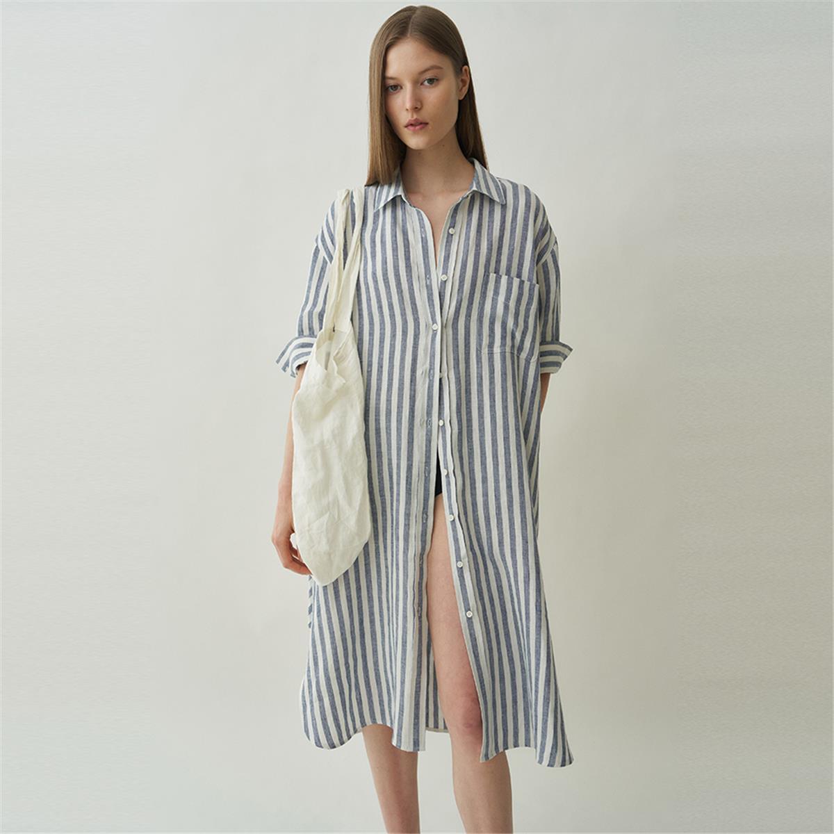 [블랭크03] linen boxy shirt dress [Italian fabric] (blue stripe)