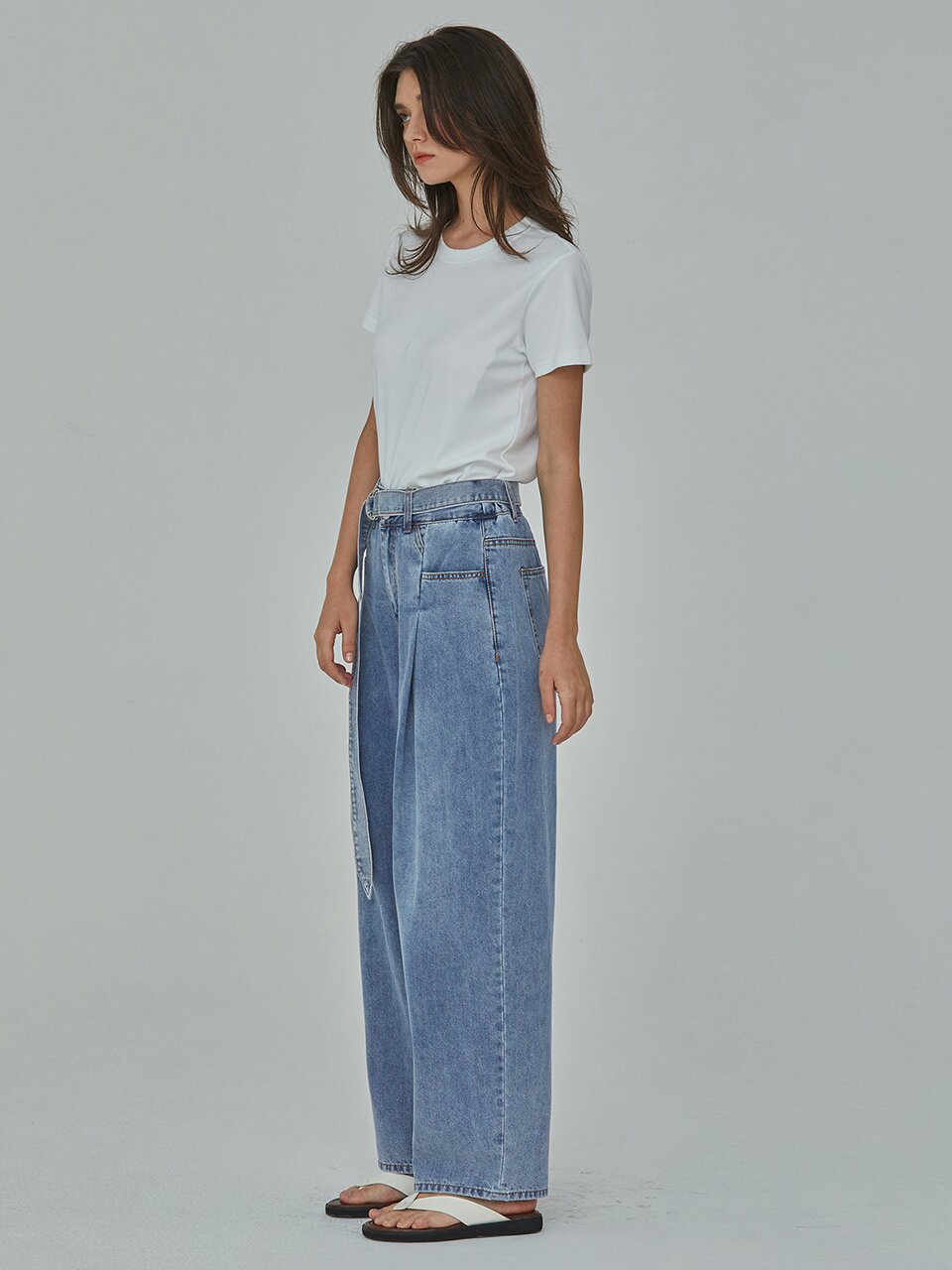 DENIM BELT TUCK WIDE LONG PANTS INDIGO