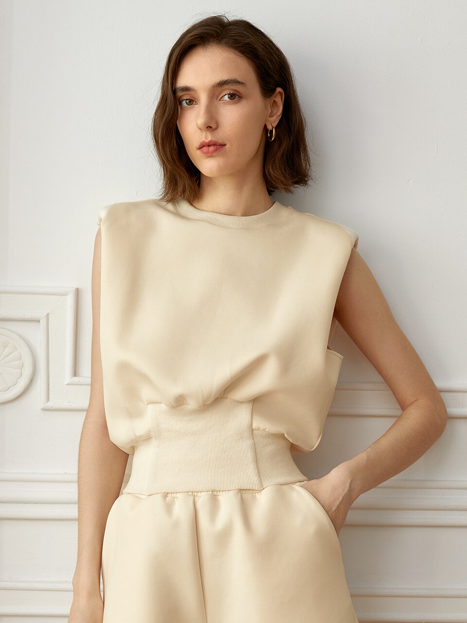 YY_Casual waist line detail top_IVORY