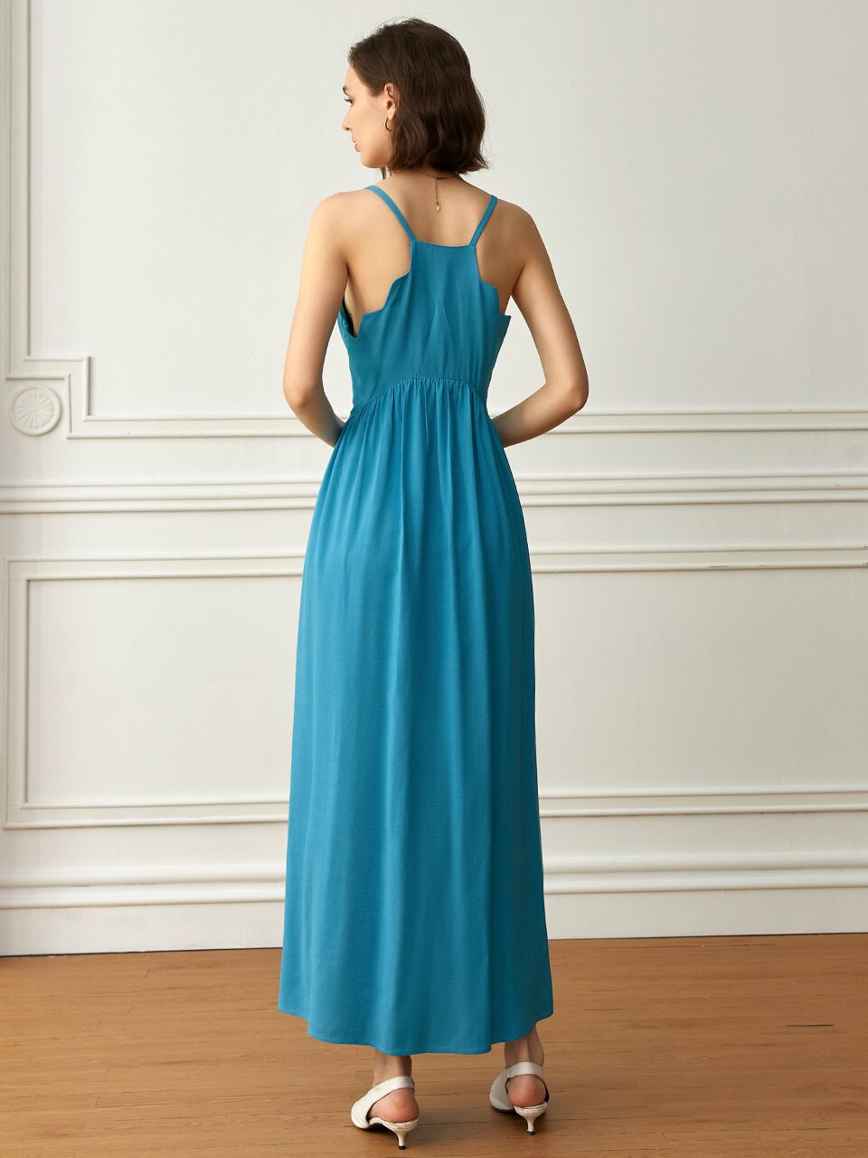 YY_Leaf shape v neck shirring dress