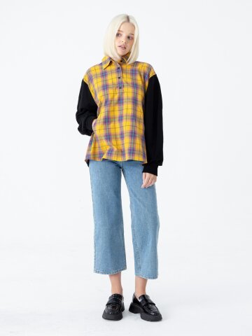 [분더가이스트] 체크배색  벌룬슬리브 스웨트셔츠  블랙