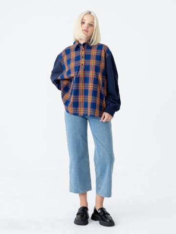 [분더가이스트]체크배색  벌룬슬리브 스웨트셔츠  네이비