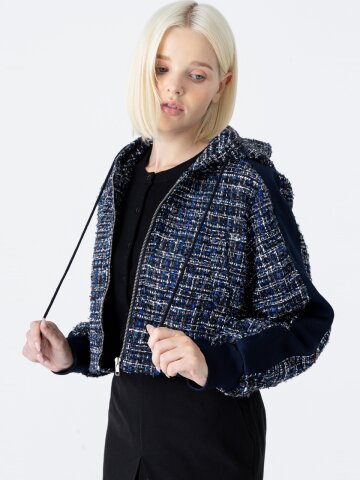 [분더가이스트] 트위드 크롭 배색 후드집업점퍼