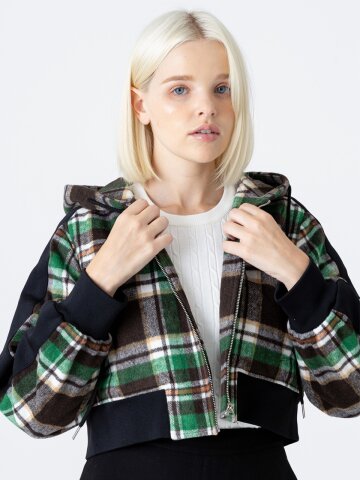 [분더가이스트] 울체크 크롭배색 후드집업점퍼