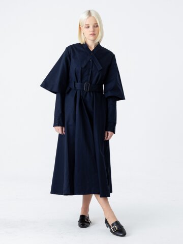 [분더가이스트] 타이넥카라 플레어 롱원피스  진네이비