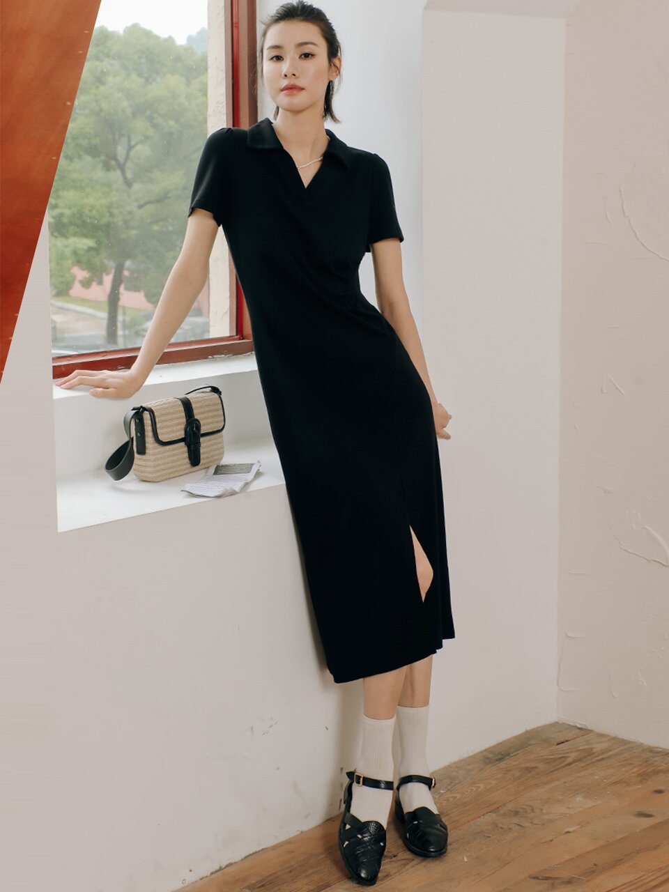 LS_Side slit sleeved long dress