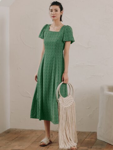 LS_Square neck back ribbon dress