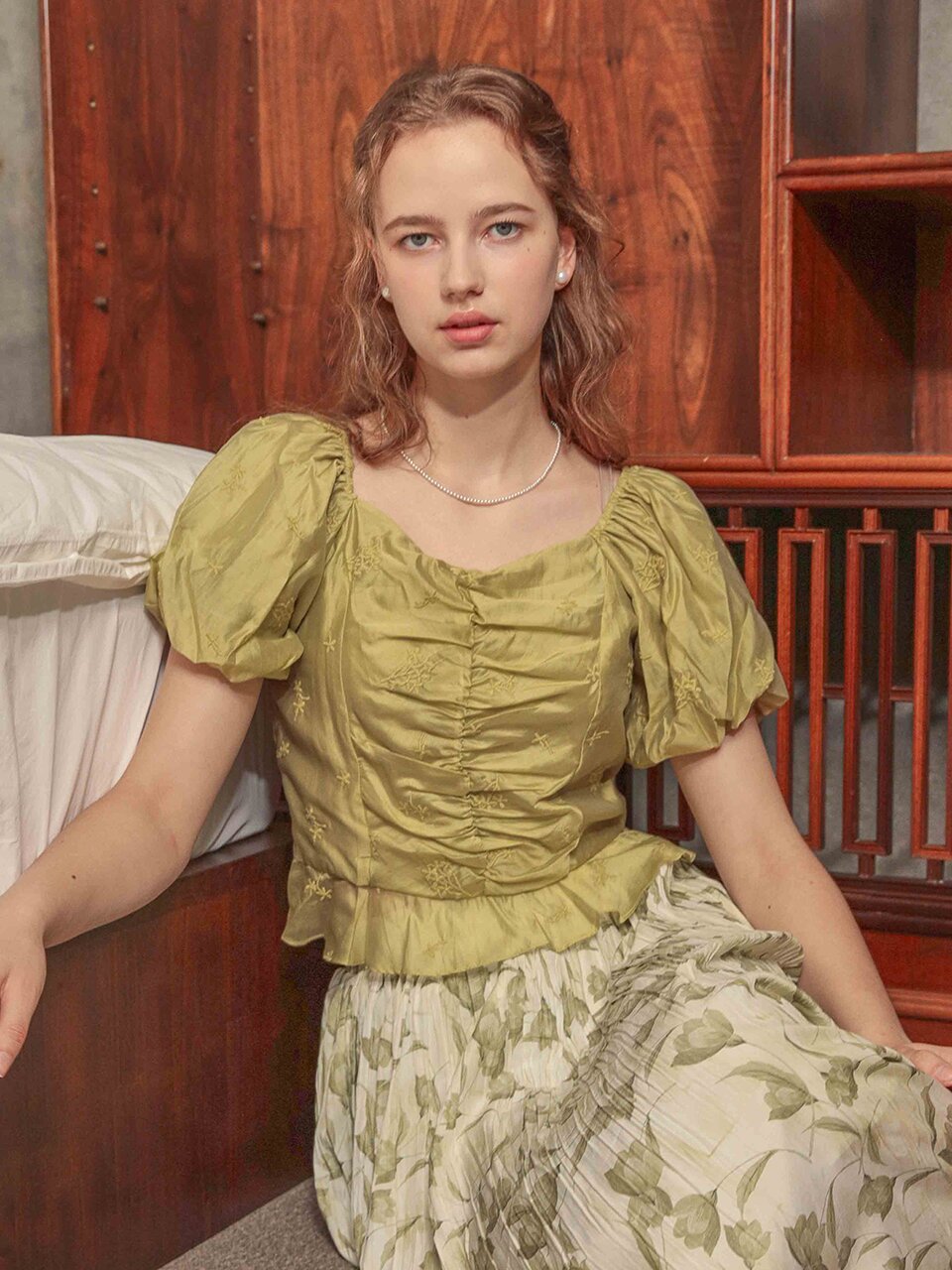 PM_Roma shirring puff blouse_GREEN