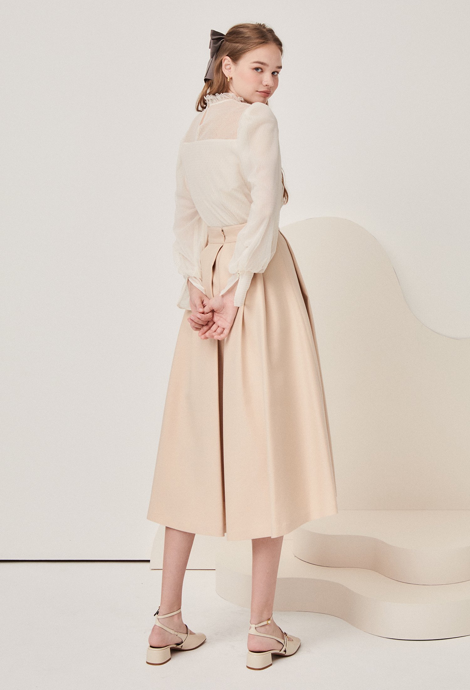 턱 플레어 A라인 스커트 (BEIGE)