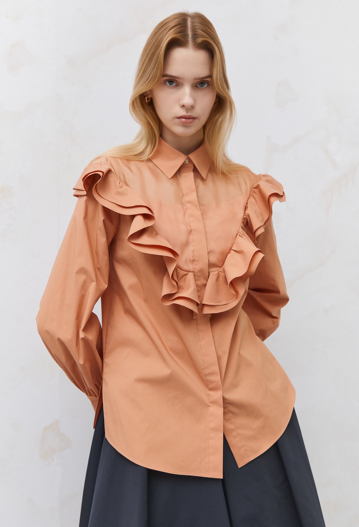 러플 시스루 넥 셔츠 블라우스 (ORANGE)