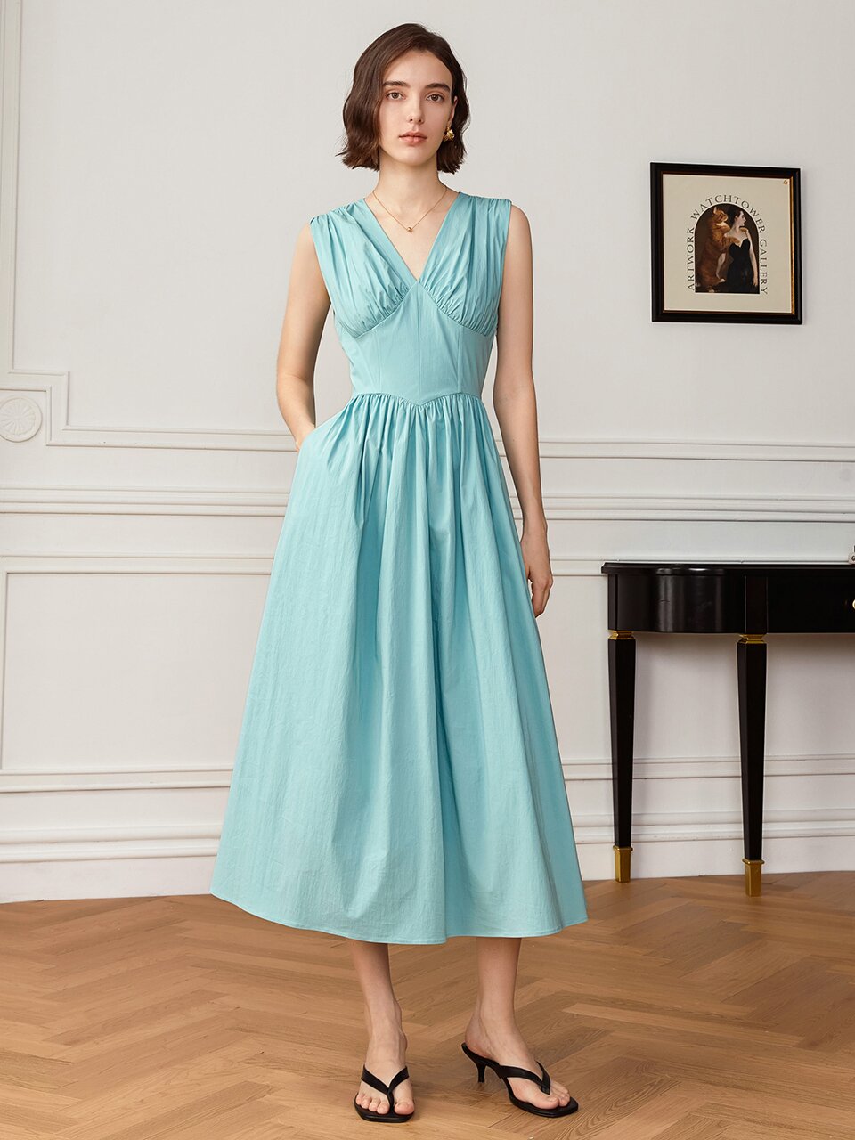 YY_V-neck waist pleats dress_LIGHT SKY