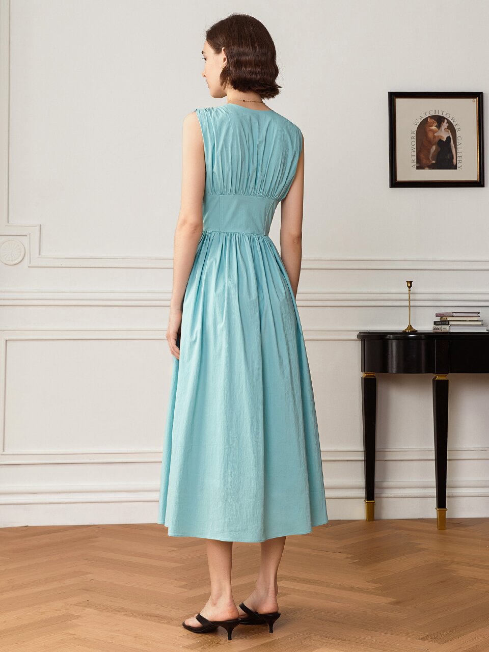 YY_V-neck waist pleats dress_LIGHT SKY