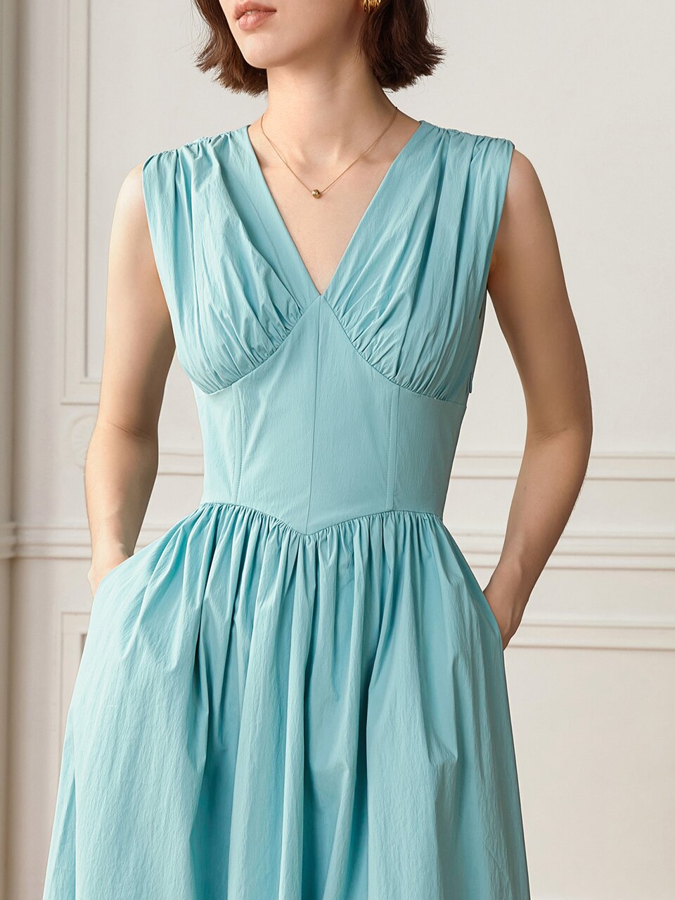YY_V-neck waist pleats dress_LIGHT SKY