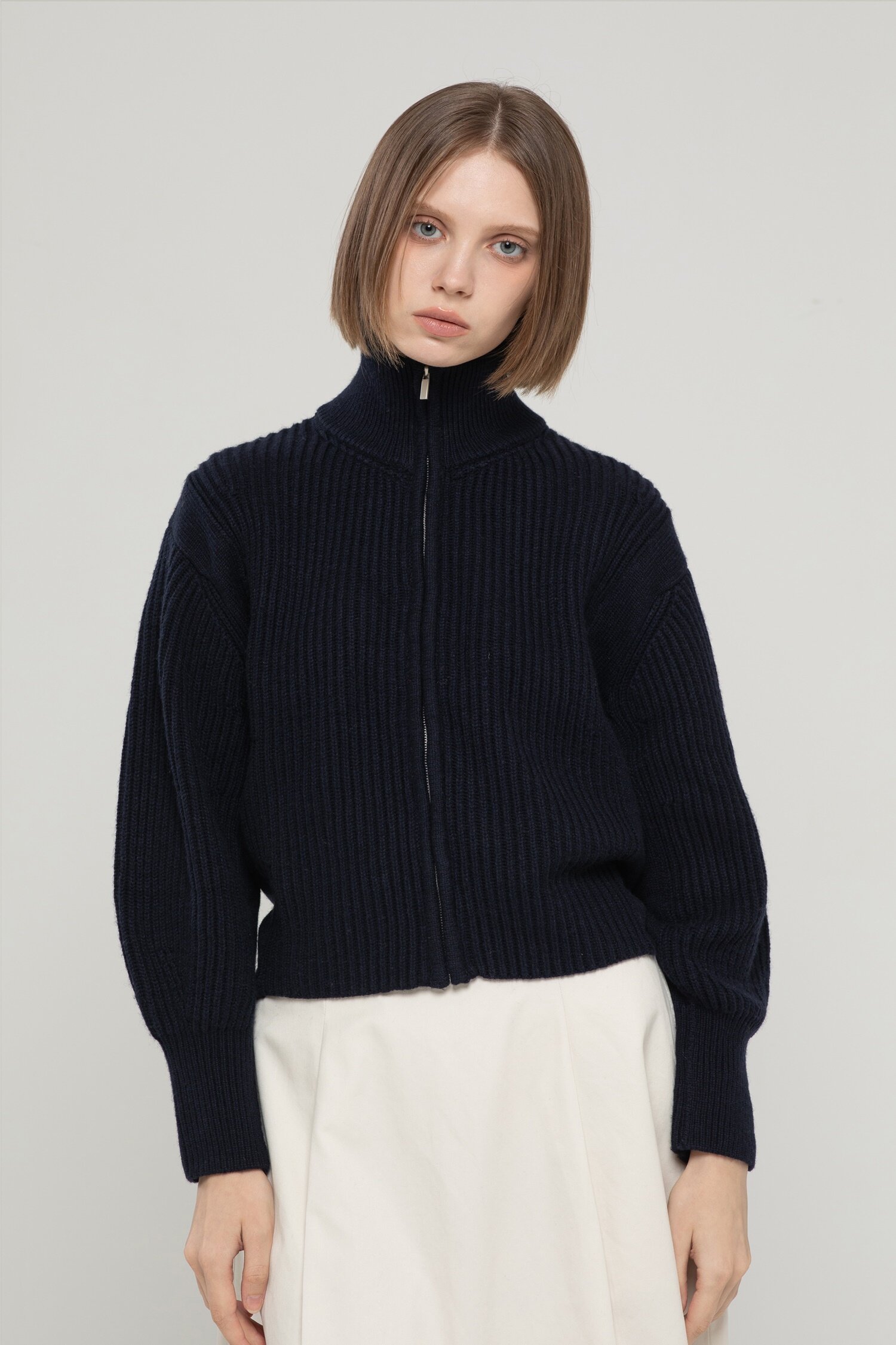 Wool high-neck cardigan - Navy
