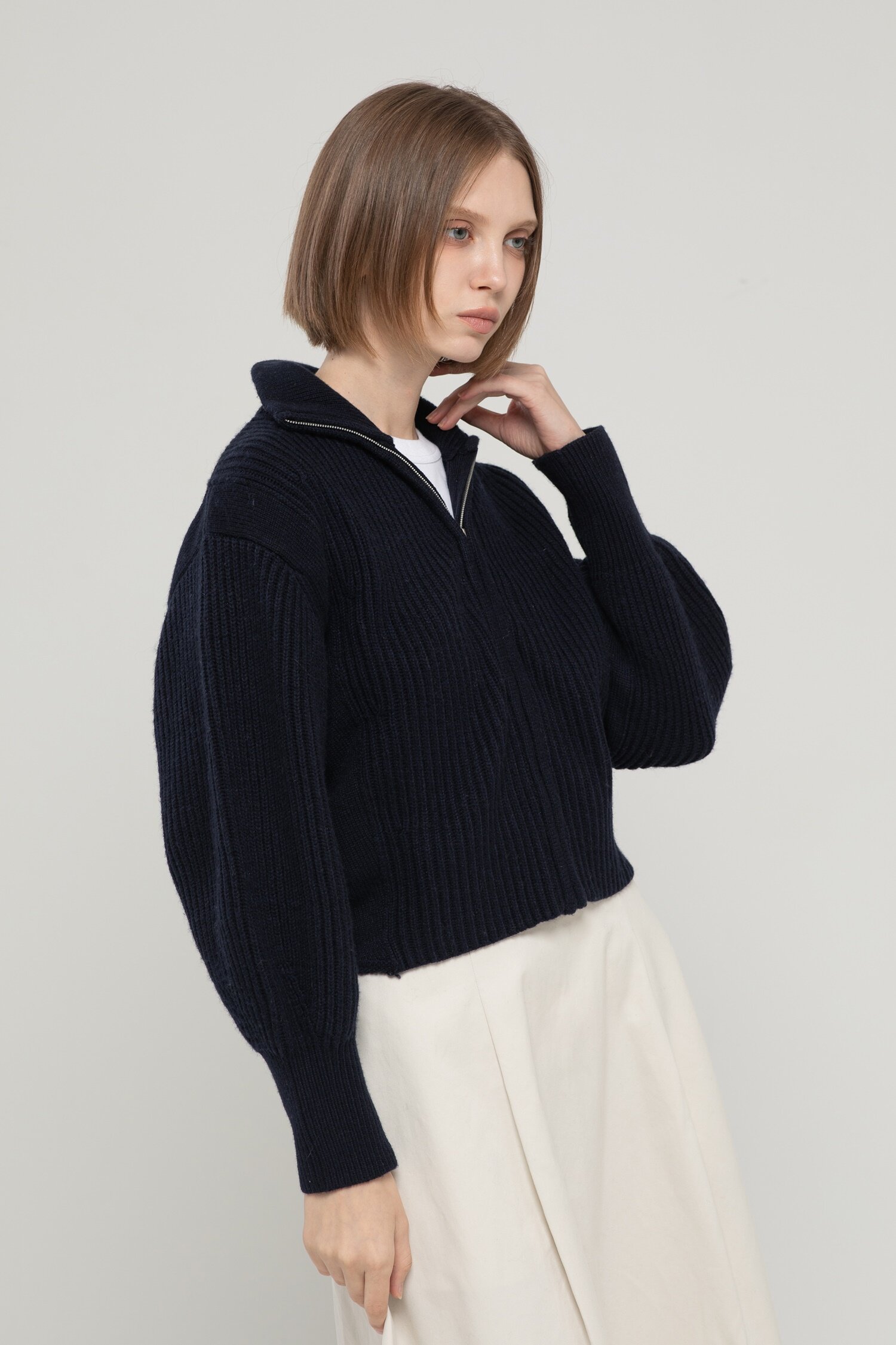 Wool high-neck cardigan - Navy