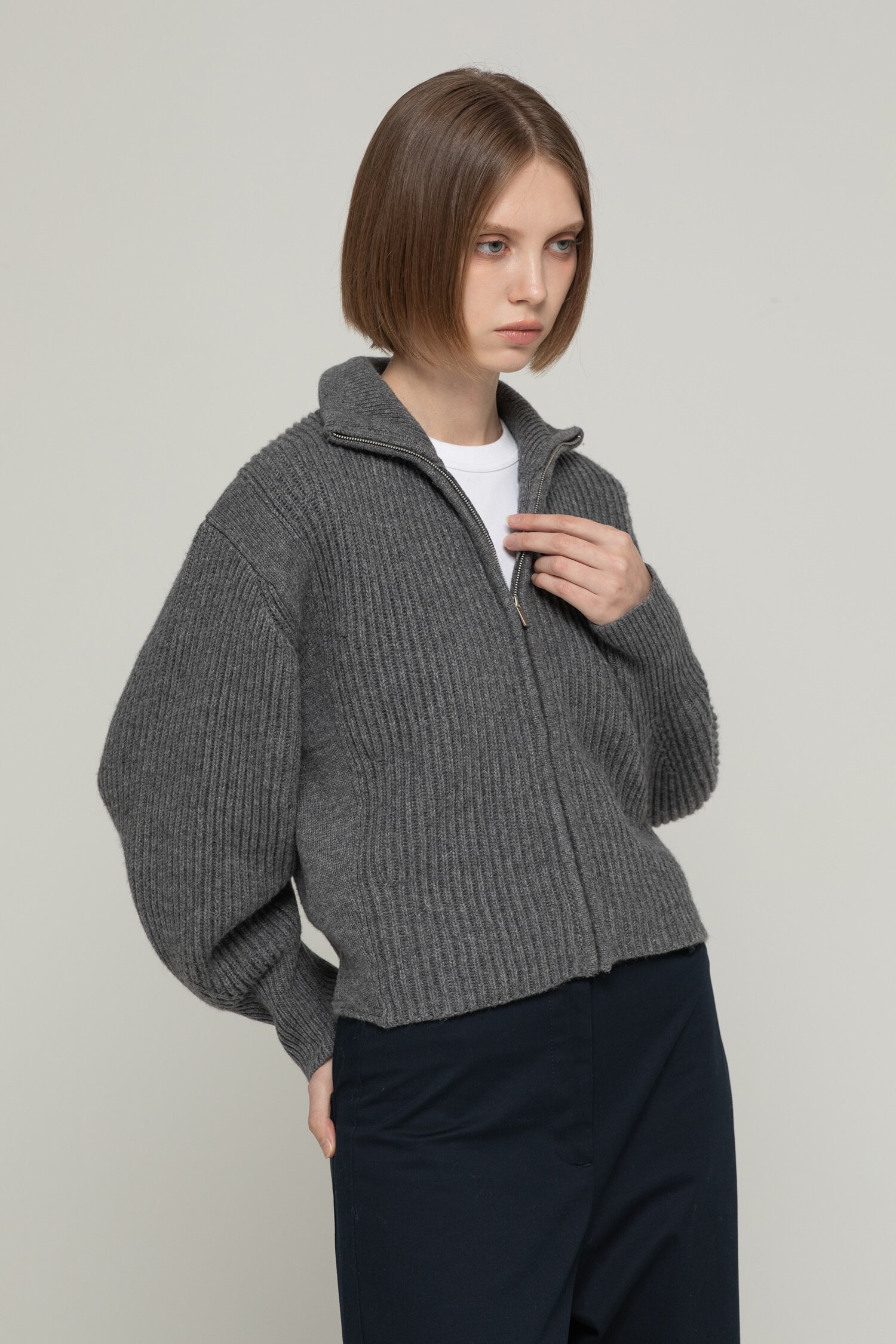 Wool high-neck cardigan - Gray