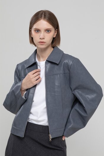 Artificial leather zipper jacket - Gray