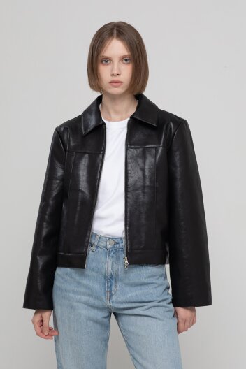 Artificial leather zipper jacket - Black