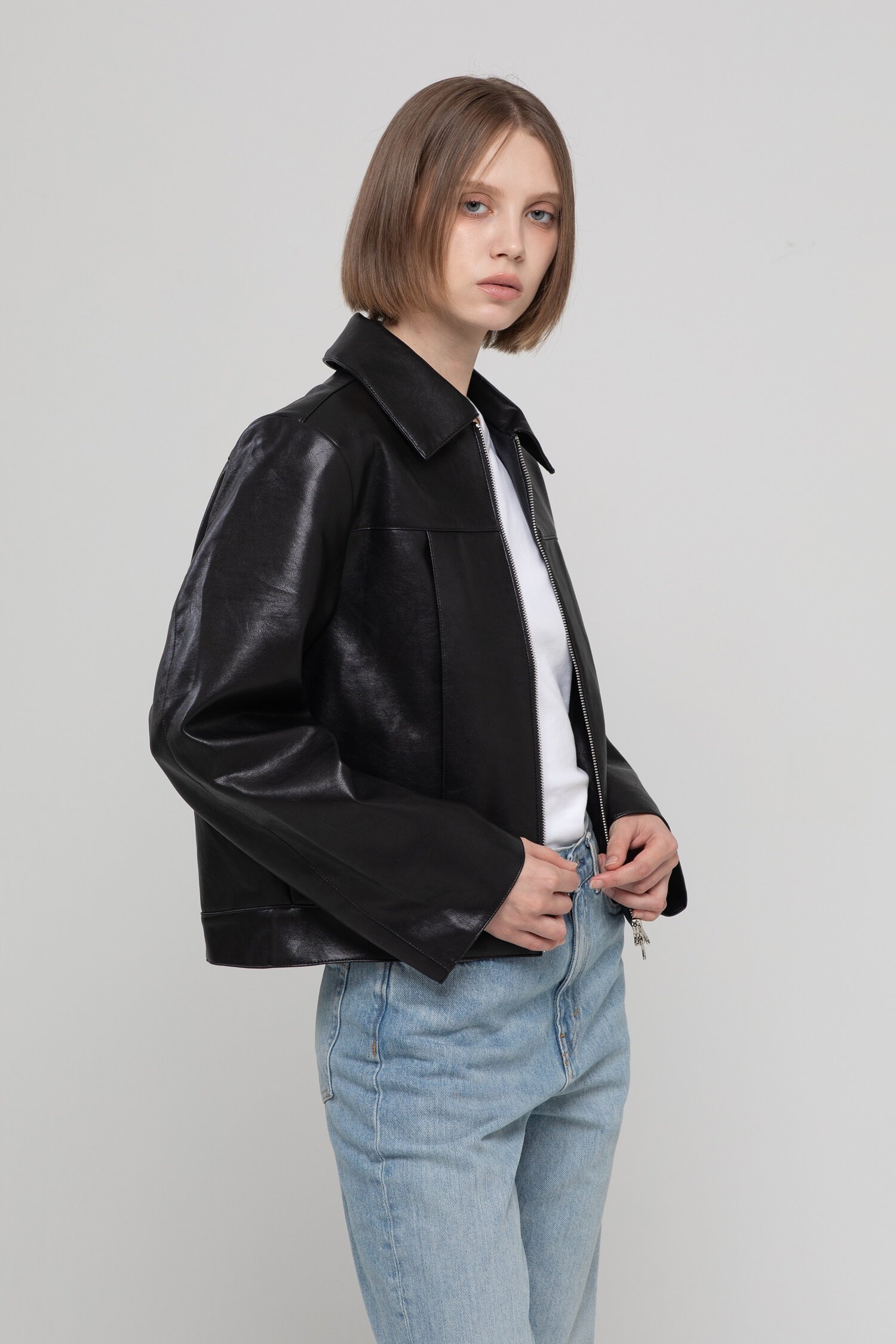 Artificial leather zipper jacket - Black