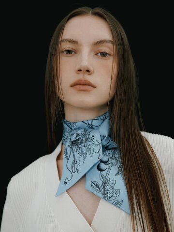 Botanic Garden Long Twilly Silk Scarf - Blue