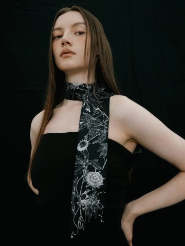 Botanic Garden Long Twilly Silk Scarf - Black