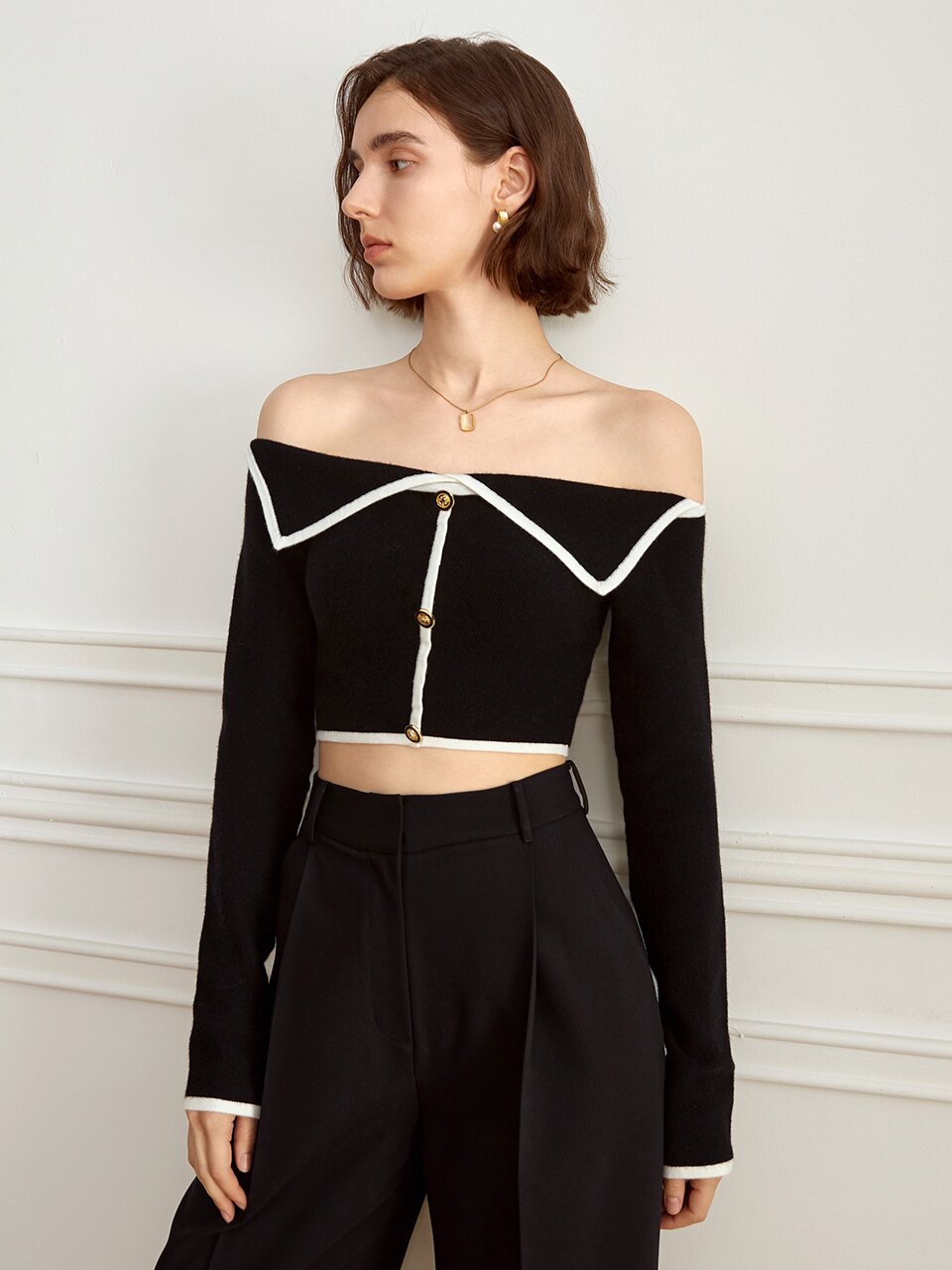 YY_Lapel off-shoulder wool knit top