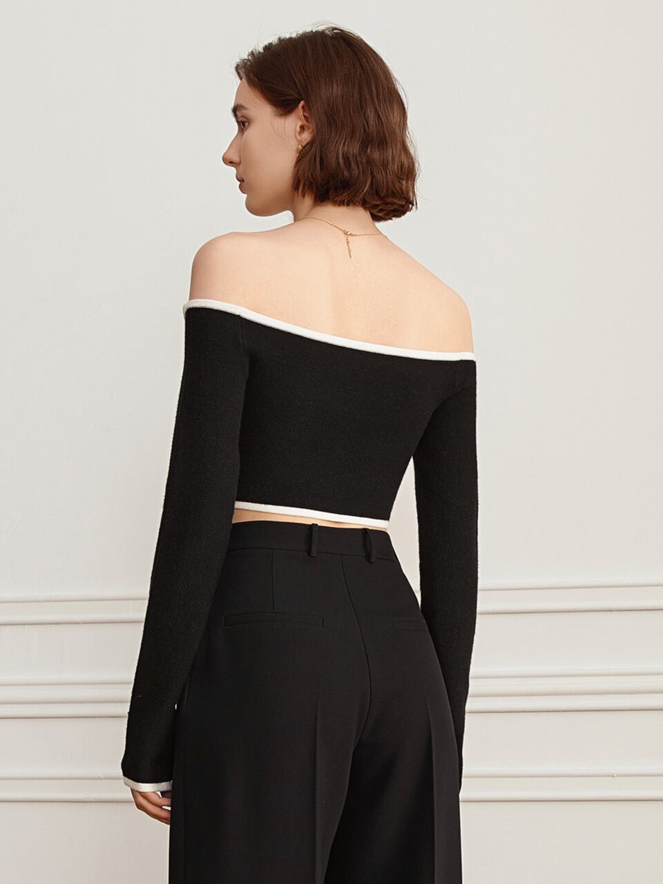 YY_Lapel off-shoulder wool knit top