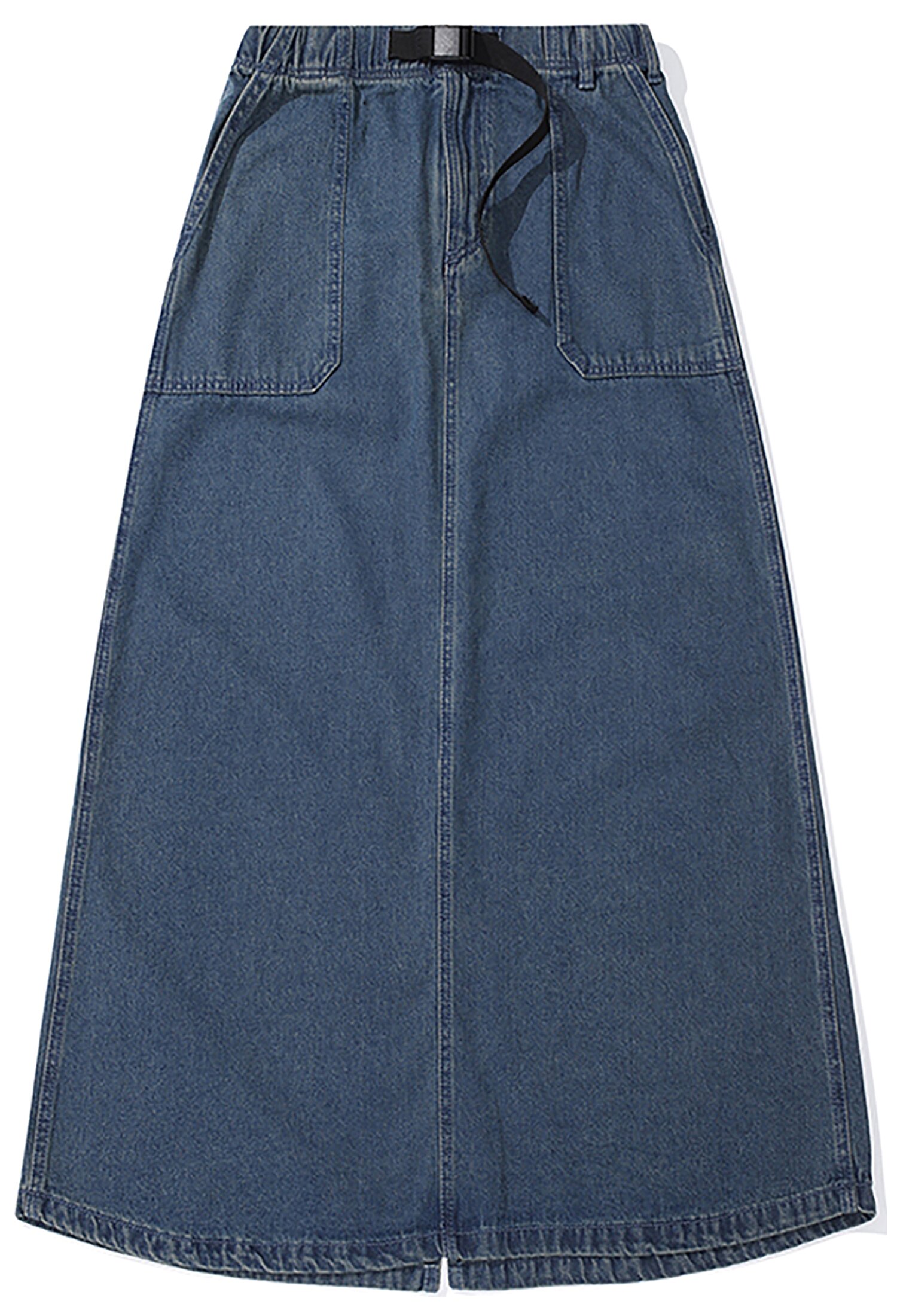 M-LABEL BELTED DENIM LONG SKIRT 미드나잇진