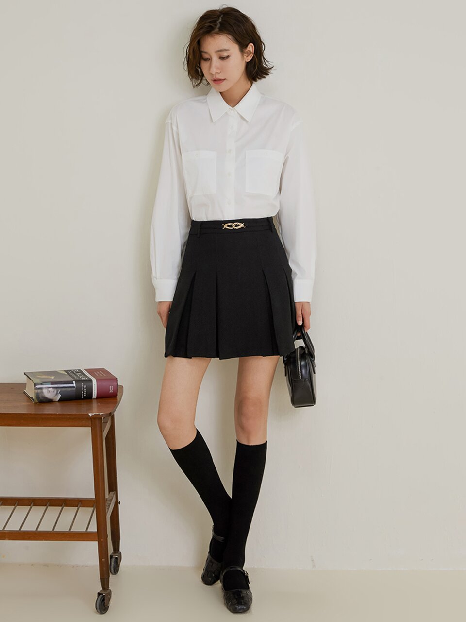 LS_Fake belt pleated skirt