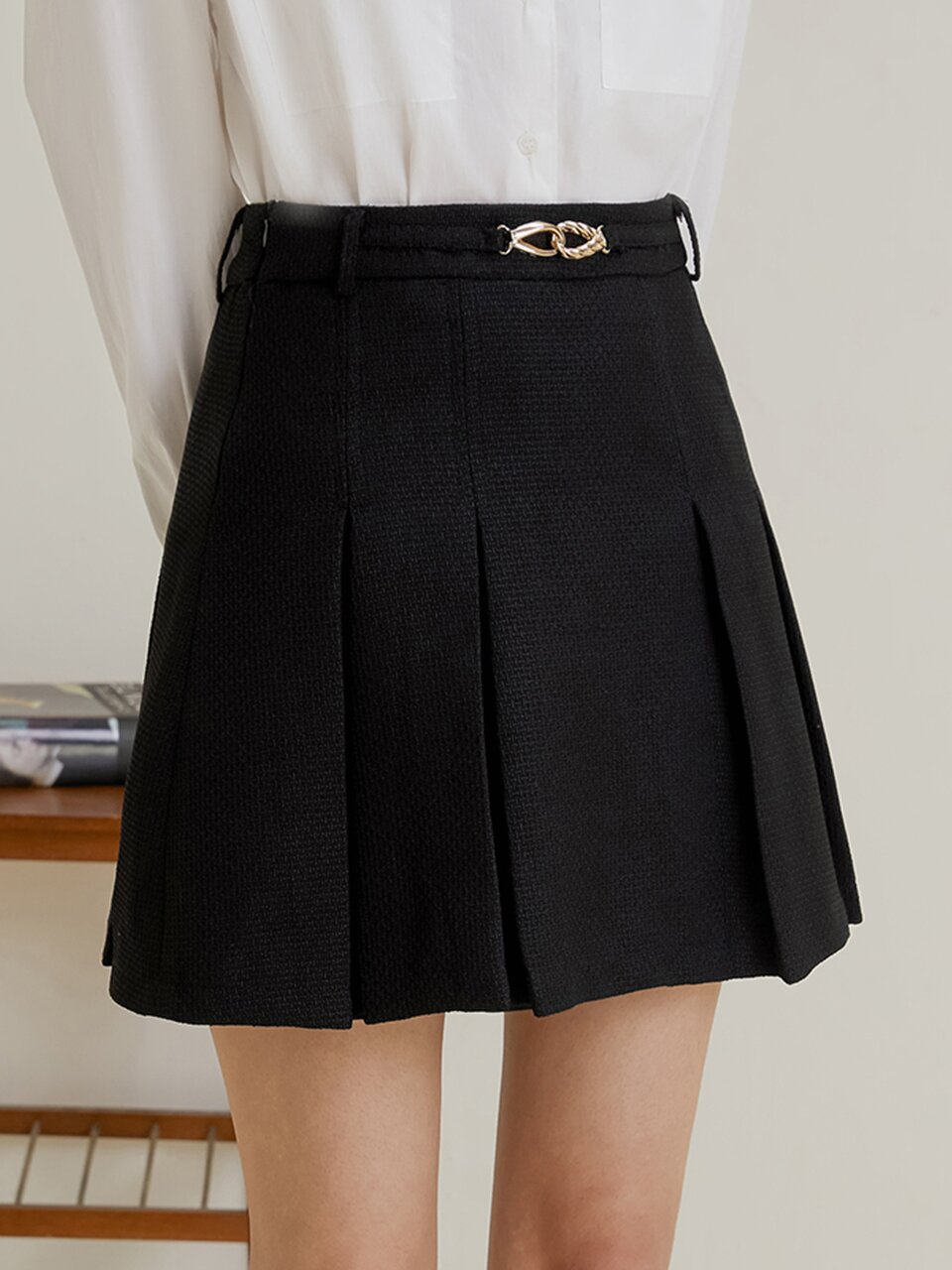 LS_Fake belt pleated skirt