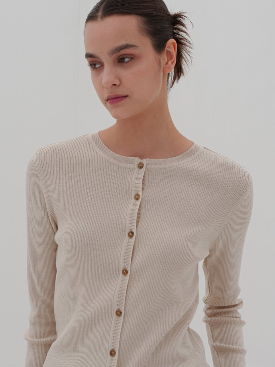 Round Neck Ribbed Cardigan _Beige