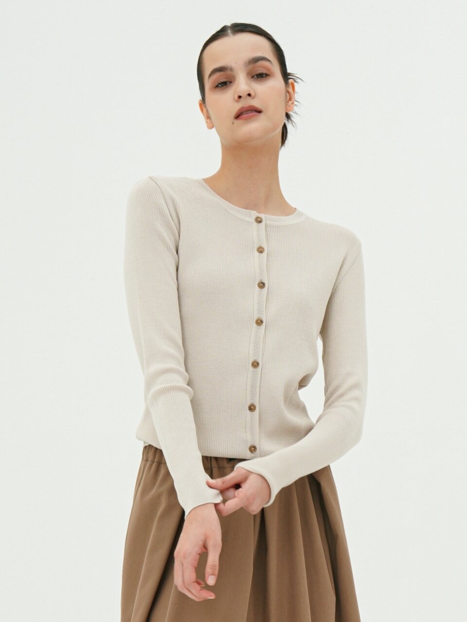 Round Neck Ribbed Cardigan _Beige