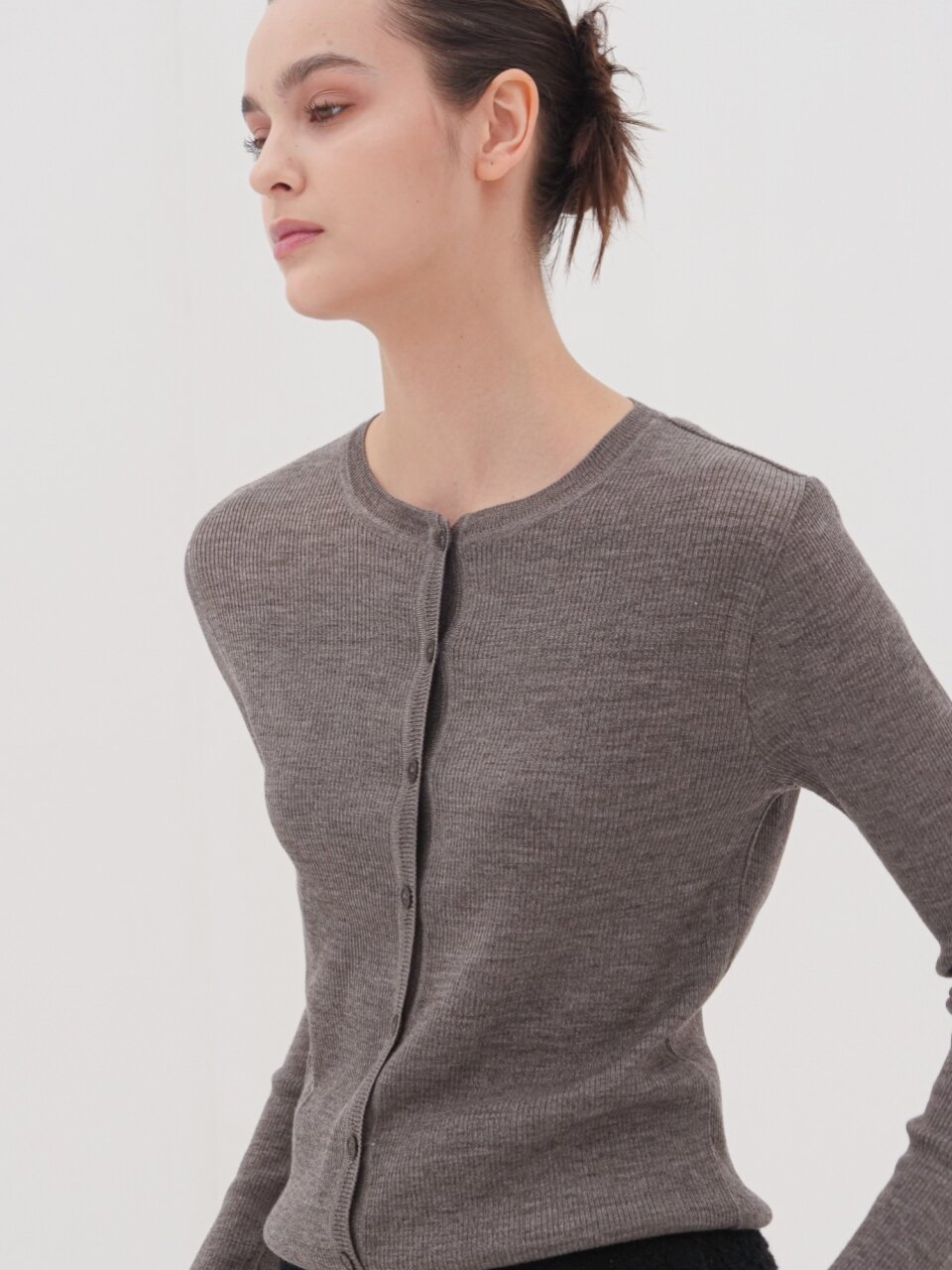 Round Neck Ribbed Cardigan _Beige