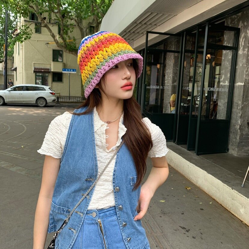 레인보우 라탄 버킷햇 C2 바이올렛