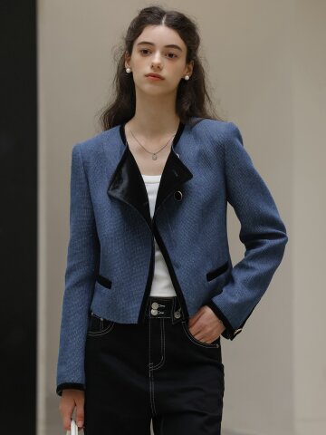 DD_Velvet trim denim blue short jacket