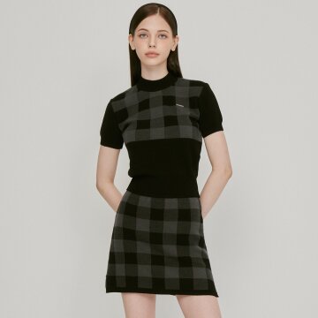 옆 절개 체크 니트 스커트 (블랙) _L3C1-NS07K