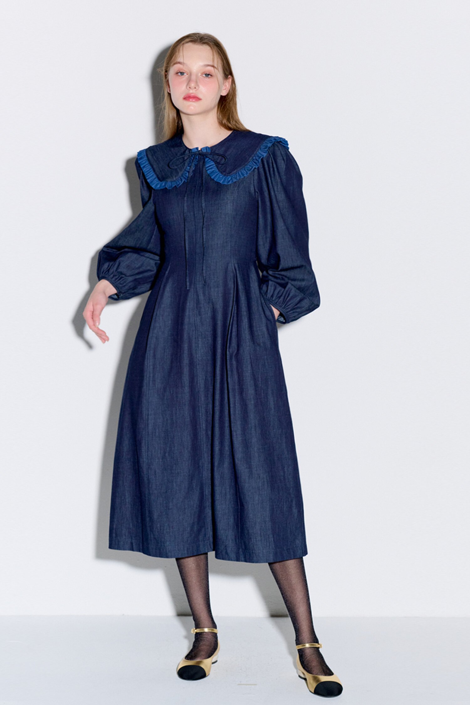Sailor collar flare long denim dress dark indigo