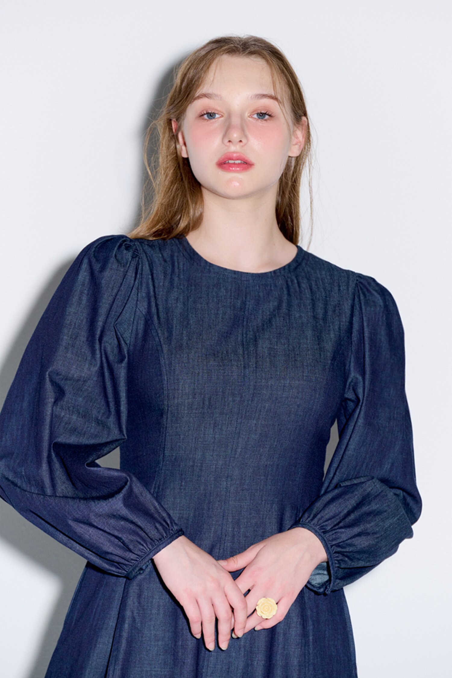 Sailor collar flare long denim dress dark indigo